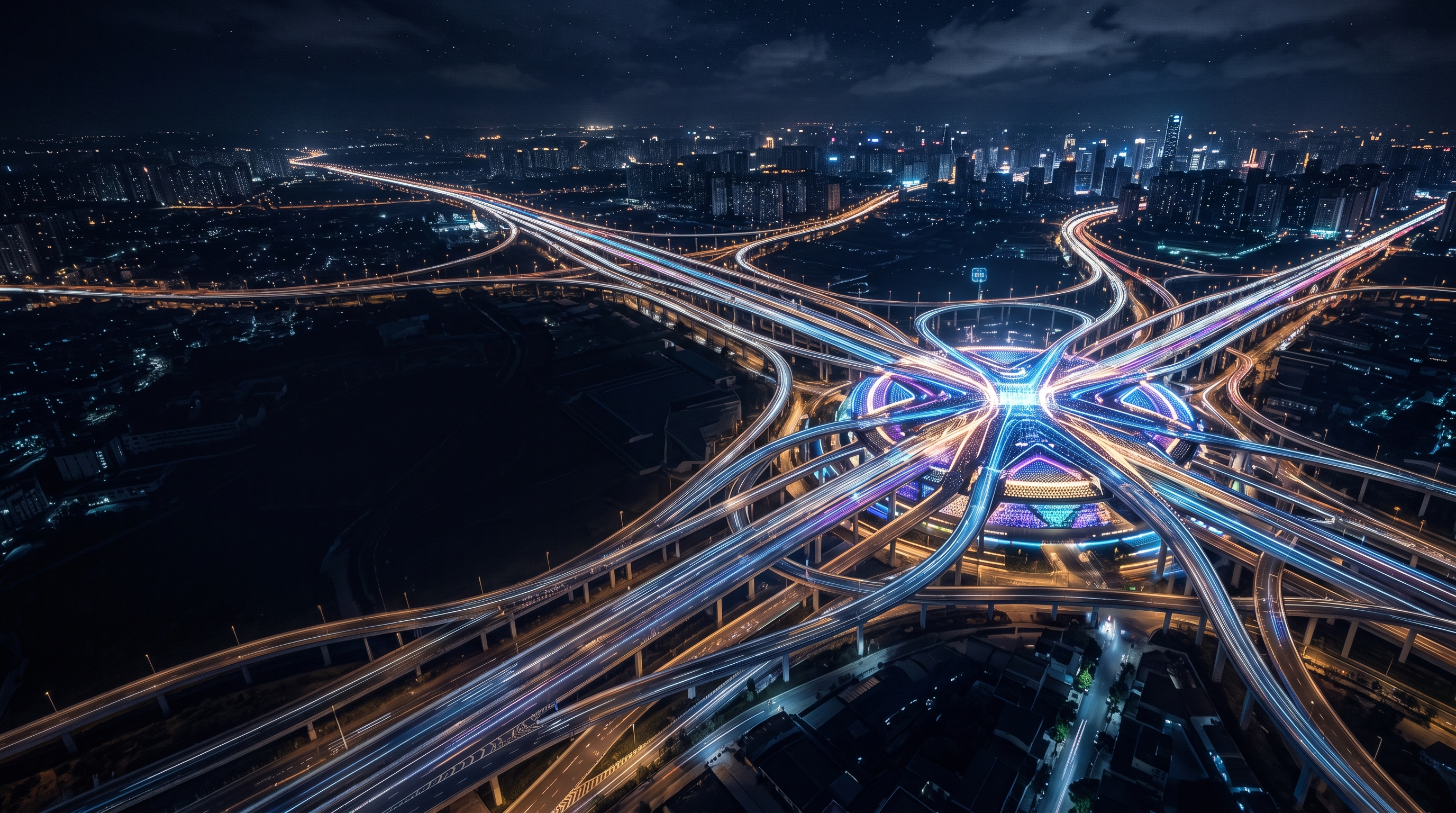 Illuminated highway interchange representing decision routing infrastructure